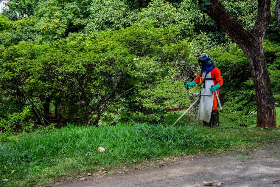 Friendly lawn care worker maintaining a property