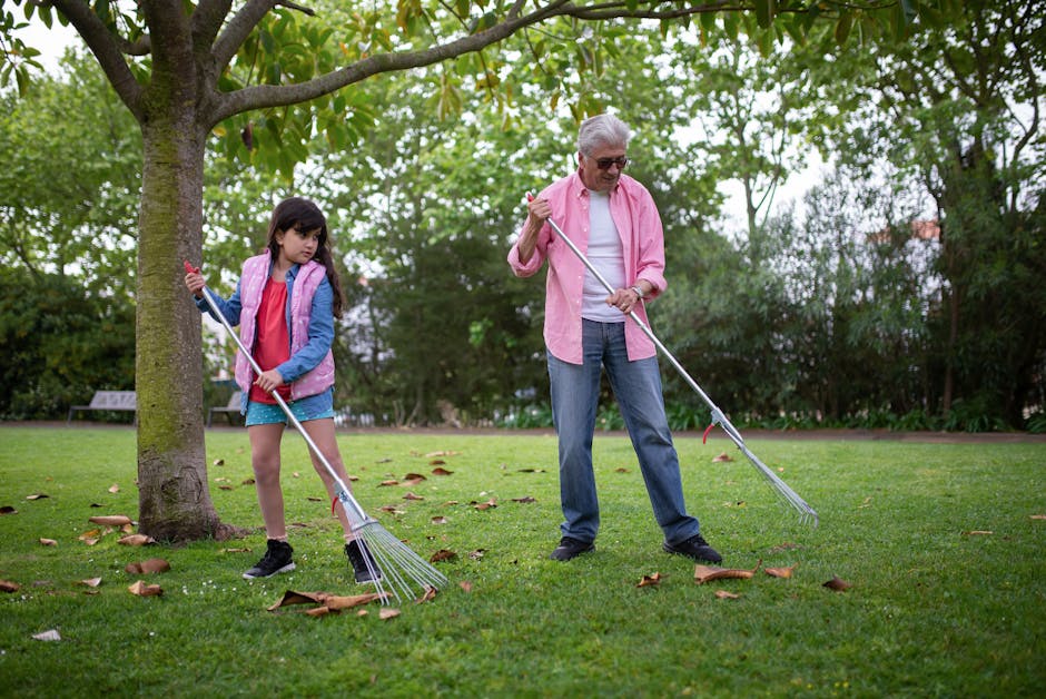 Raking autumn leaves in a spacious yard